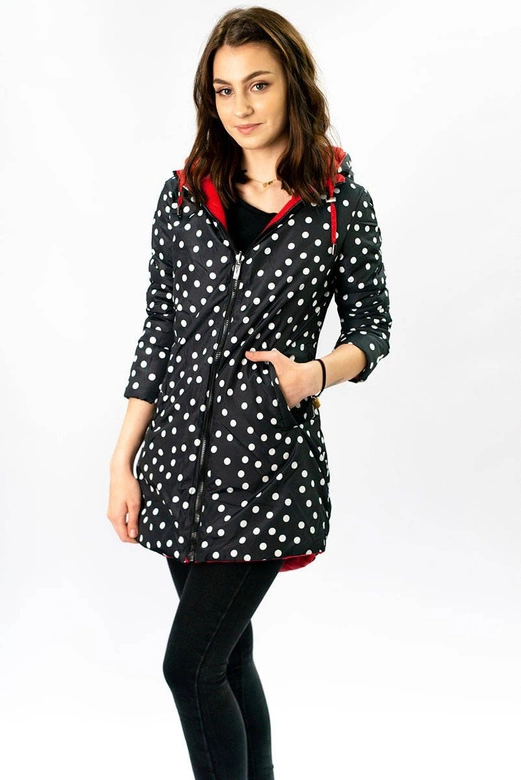 Dwustronna kurtka damska z kapturem czerwona w kropki (W352)