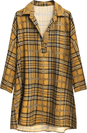 KOSZULA OVERSIZE W KRATĘ MUSZTARDOWA (302ART)