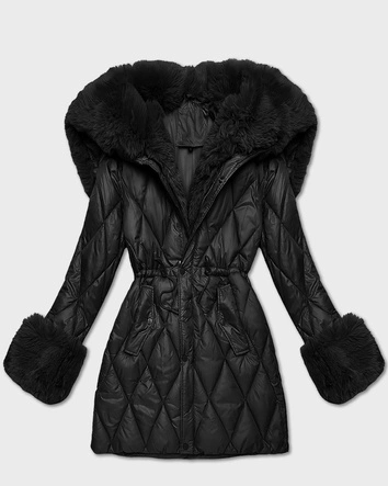 Kurtka z futrzanym kapturem tworzącym kołnierz czarna (T3-2635#-1)