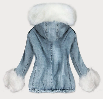 DAMSKA KRÓTKA KURTKA JEANSOWA Z FUTRZANĄ PODPINKĄ NIEBIESKO - BIAŁA (T2866)