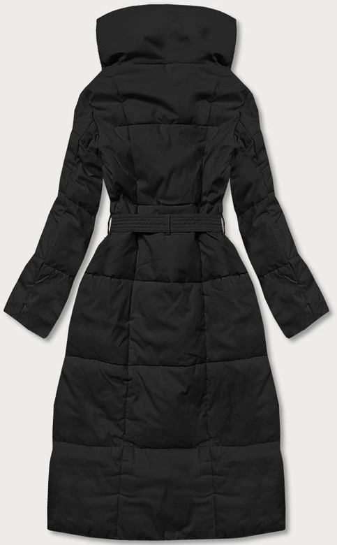 Zimowy płaszcz damski z paskiem czarny (2M-061)