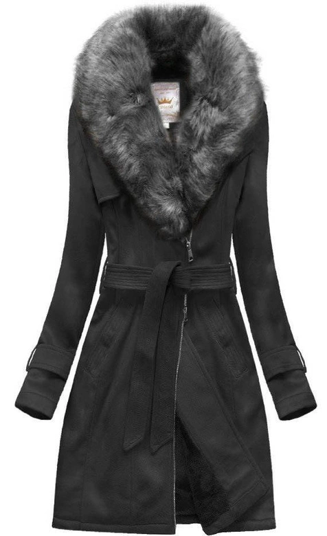 ZAMSZOWY DAMSKI PŁASZCZ ZIMOWY Z PASKIEM CZARNY/SZARY (6515)