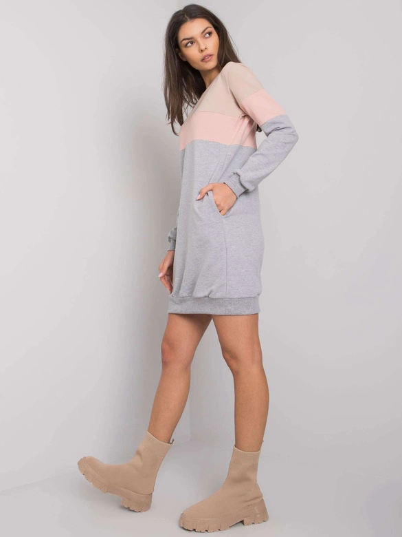 Trójkolorowa długa bluza damska z kieszeniami beż/róż/szary (5869)