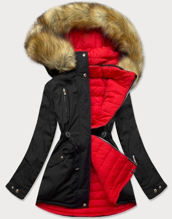 DWUSTRONNA DAMSKA KURTKA ZIMOWA Z KAPTUREM CZARNO-CZERWONA (W213)
