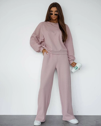 Waflowy komplet damski bluza + spodnie pudrowy róż (821108)