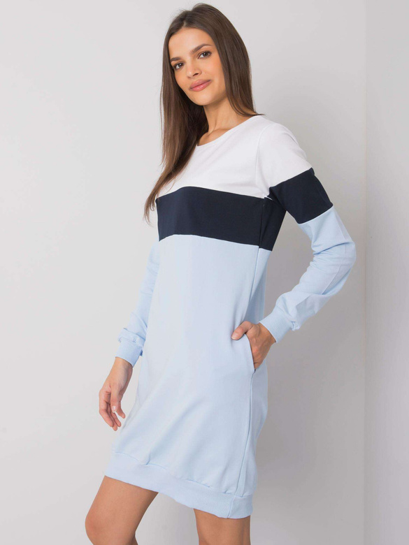 Trójkolorowa długa bluza damska z kieszeniami biały/granat/błękit (5869)