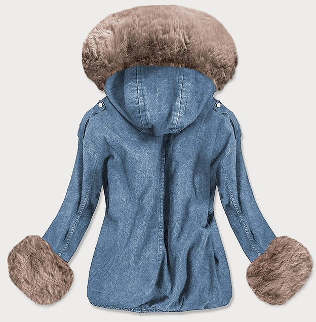 DAMSKA KURTKA JEANSOWA Z FUTRZANĄ PODPINKĄ NIEBIESKO - BEŻOWA (9023#)