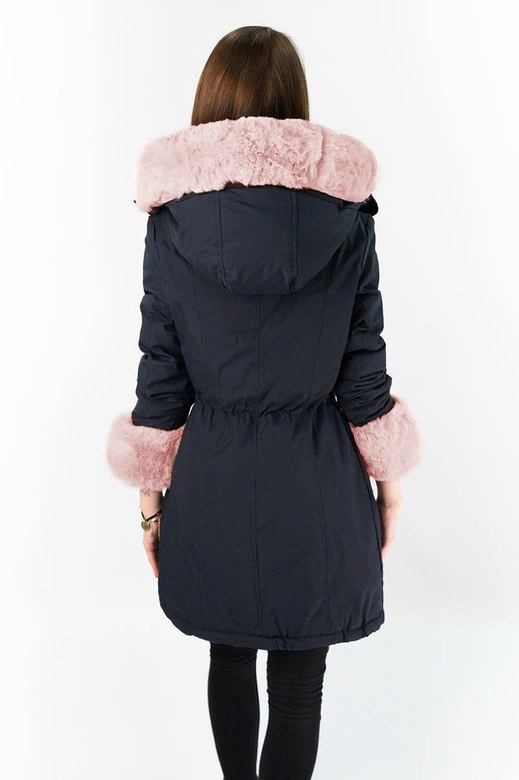 DAMSKA PARKA ZIMOWA Z FUTREM GRANATOWO-RÓŻOWA (B9550)