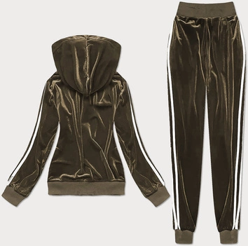 Welurowy komplet dresowy z lampasami khaki (YP-9964)