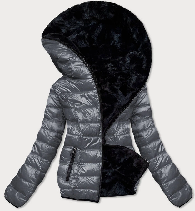 KRÓTKA DWUSTRONNA KURTKA DAMSKA ZIMOWA GRAFITOWO-CZARNA (B9580-7001)