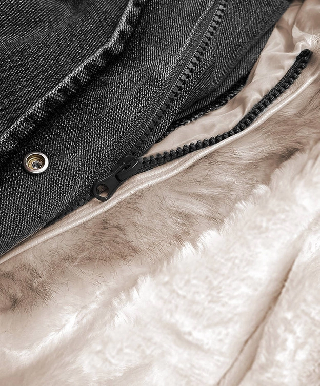 Damska kurtka jeansowa z futrzanym kołnierzem czarna/beż (br9585-1046)