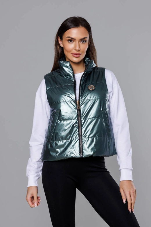 Krótka kamizelka ze stójką damska zielona (B8152-10)