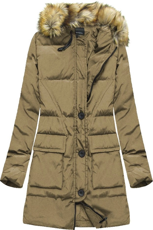 ZIMOWA PIKOWANA KURTKA DAMSKA Z PUCHEM NATURALNYM CIEMNOBEŻOWA (X1296X)