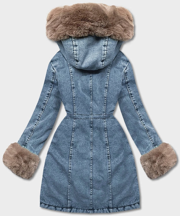 Damska kurtka jeansowa na futrzanej podszewce niebieski/beżowy (B8068-50012)