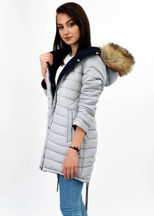 Dwustronna damska kurtka zimowa z kapturem granatowo-szara (w210)