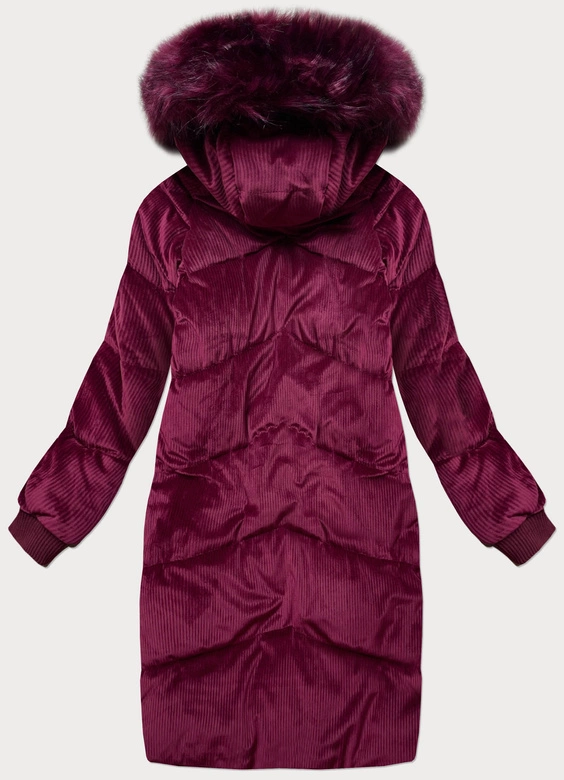 Sztruksowa zimowa kurtka damska z kapturem bordowa (7764)