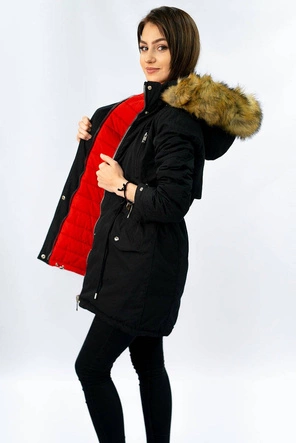 DWUSTRONNA DAMSKA KURTKA ZIMOWA Z KAPTUREM CZARNO-CZERWONA (W213)