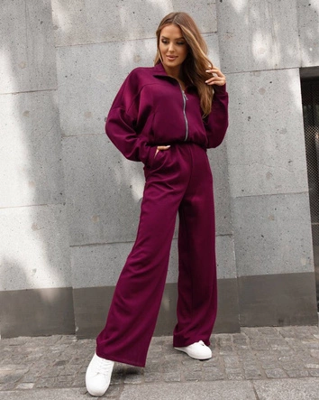 Komplet damski szerokie spodnie i bluza ze stójką bordowy (821109)