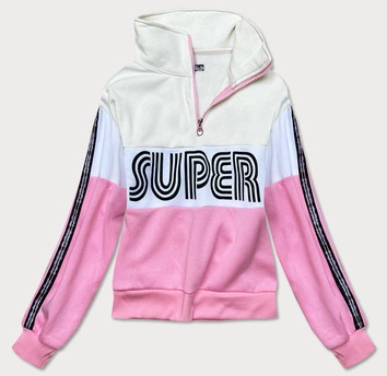 Bluza sportowa damska z rozpinaną stójką ecru-jasny róż (26019)