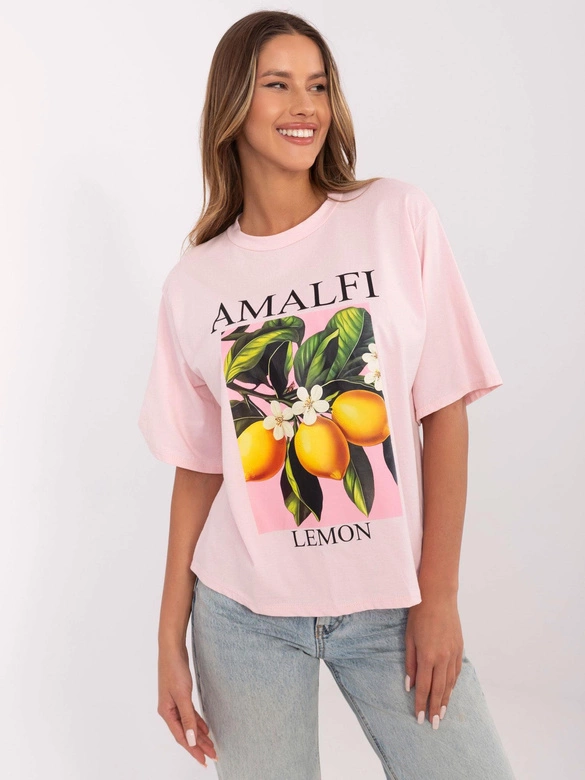 Bawełniany t-shirt damski z nadrukiem jasnoróżowy (M745-1)