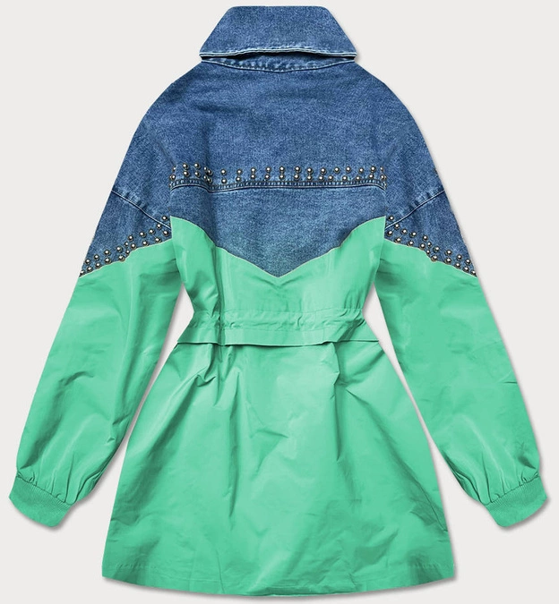 Damska kurtka jeans denim z łączonych materiałów niebiesko-zielona (pffs12233)