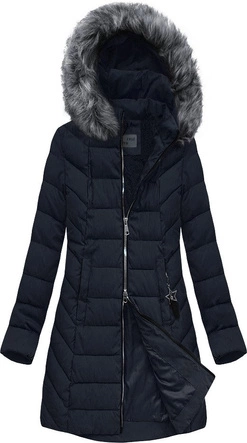 PIKOWANA DAMSKA KURTKA ZIMOWA Z KAPTUREM GRANATOWA (B2645)