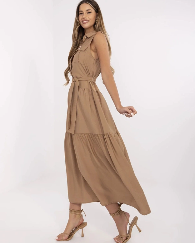 Elegancka sukienka maxi ciemny beż (A5032)