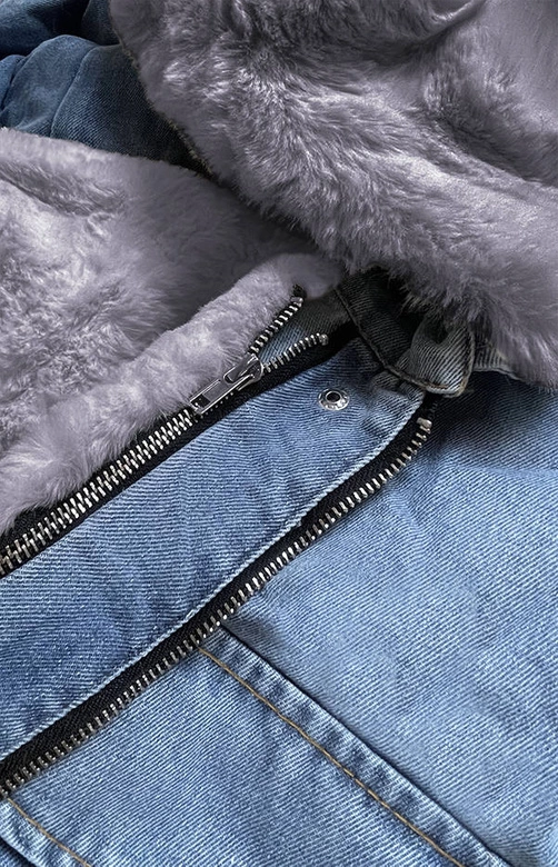 DAMSKA KURTKA JEANSOWA Z FUTRZANĄ PODPINKĄ NIEBIESKO - SZARA (9023#)