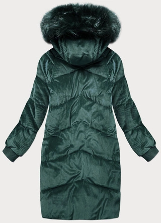 Sztruksowa zimowa kurtka damska z kapturem butelkowa zieleń (7764)