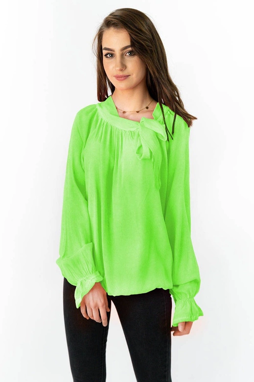 BAWEŁNIANA BLUZKA Z WIĄZANĄ STÓJKĄ LIMONKOWA (298ART)