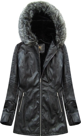 PŁASZCZYK Z EKOSKÓRY Z KAPTUREM CZARNY (5525BIG)