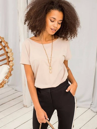 T-shirt basic z dekoltem z tyłu Feel Good beżowy (4662-27)