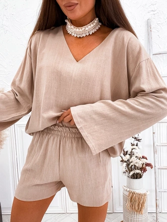Lniany komplet bluzka oversize i szorty cappuccino (752)