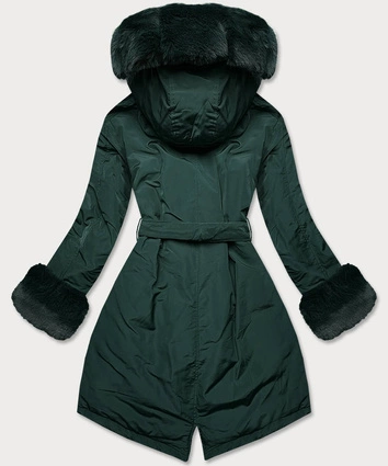 Zimowa kurtka damska z paskiem ciemnozielona (f7039-4)