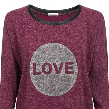 SWETER Z BROKATOWYM LOVE BORDOWY (5104-5)