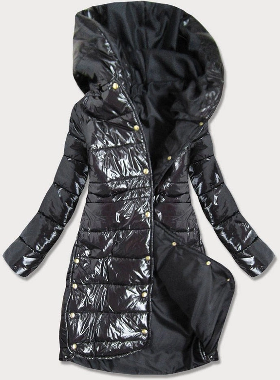 BŁYSZCZĄCY PŁASZCZ ZIMOWY DAMSKI CZARNY (635ART)