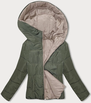Dwustronna krótka kurtka z kapturem cappuccino-khaki (B8181-12011)