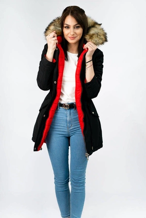 DWUSTRONNA DAMSKA KURTKA ZIMOWA Z KAPTUREM CZARNO-CZERWONA (W213)