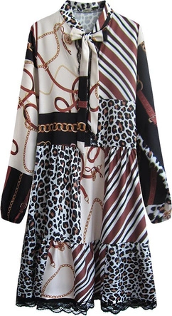 WZORZYSTA SUKIENKA OVERSIZE BEŻOWO-BRĄZOWA (482ART)