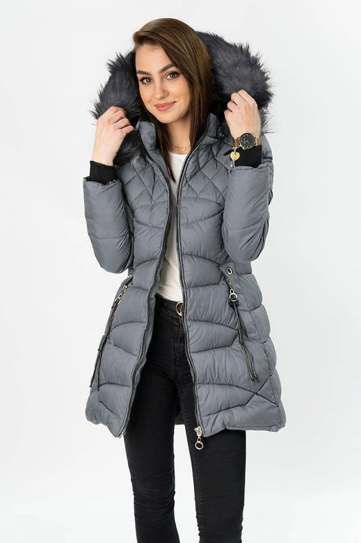 PIKOWANA DAMSKA KURTKA Z KAPTUREM SZARA (808)