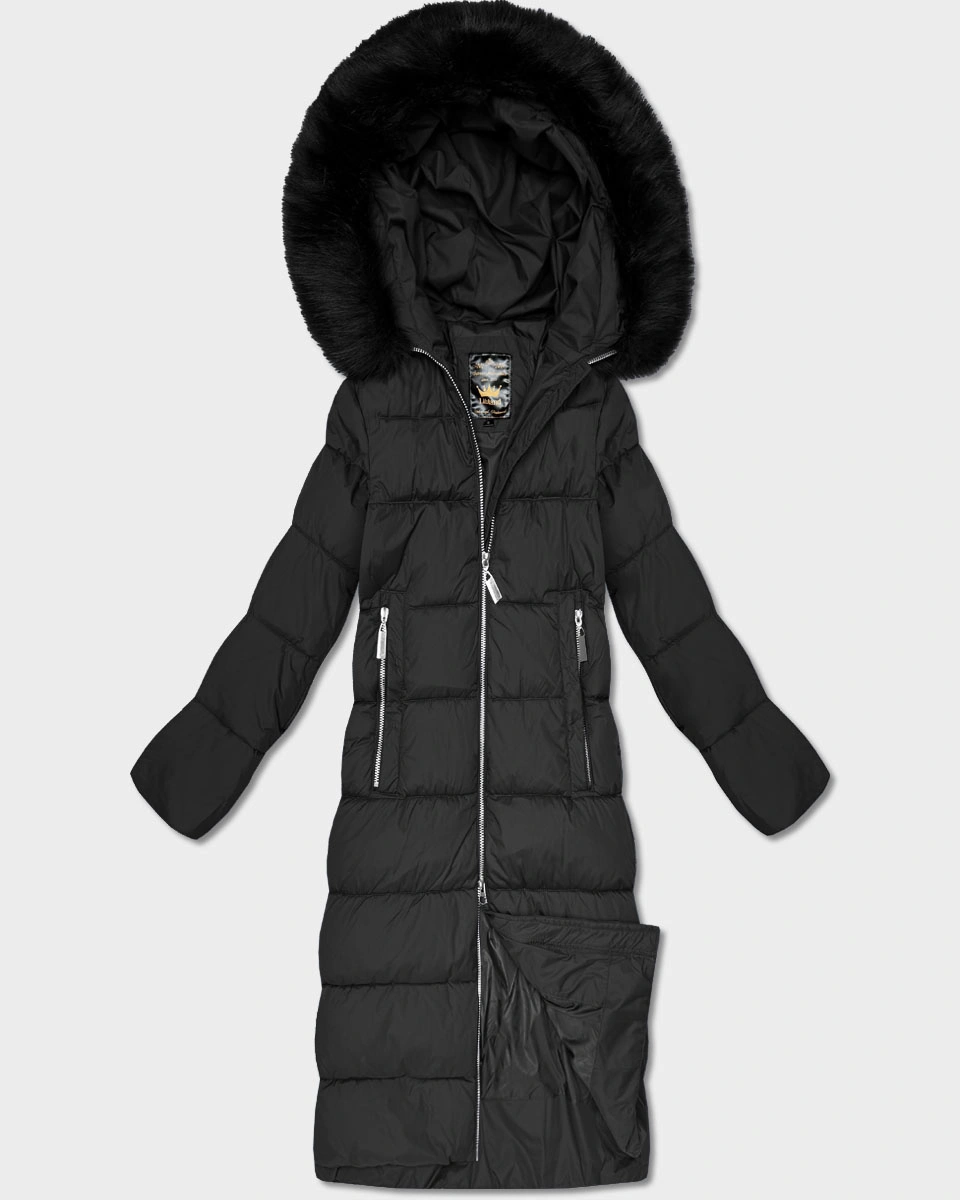 Długa damska kurtka zimowa z kapturem czarna (7688)