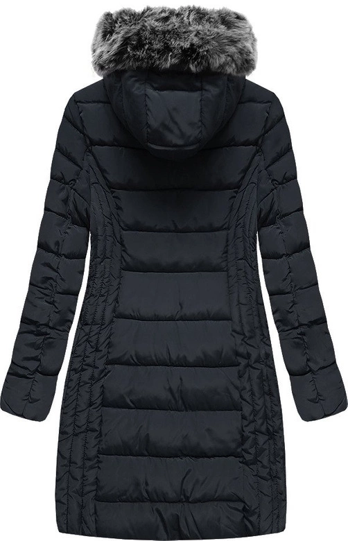 DŁUŻSZA PIKOWANA DAMSKA KURTKA ZIMOWA Z KAPTUREM GRANATOWA (B2619-30)