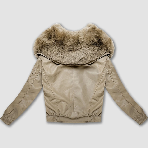 Skórzana kurtka z dużym futrzanym kołnierzem Glakate ciepły beżowy (LU98090#)