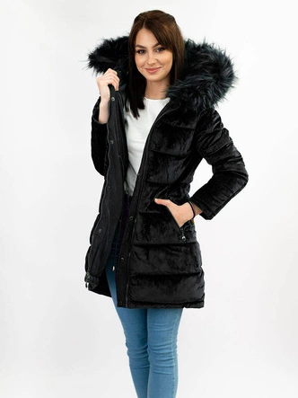 DWUSTRONNA DAMSKA PARKA ZIMOWA WELUROWA CZARNA (7911)