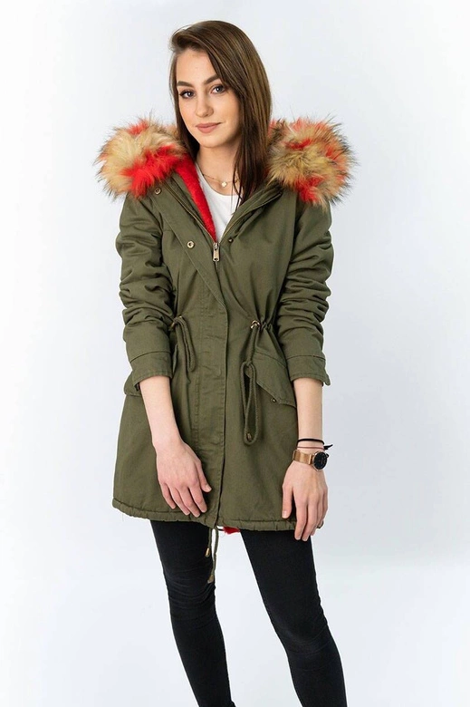 Kurtka parka damska zimowa khaki-czerwona (x619x)