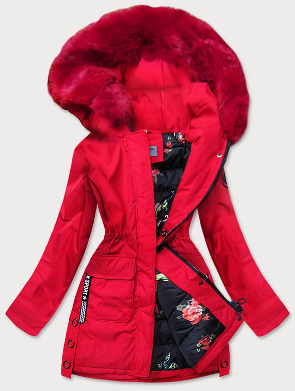 KURTKA ZIMOWA DAMSKA Z OZDOBNĄ PODSZEWKĄ CZERWONA (B9576-4)