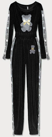 DŁUGI KOMBINEZON WELUROWY Z LAMPASAMI I NADRUKIEM CZARNY (647ART)