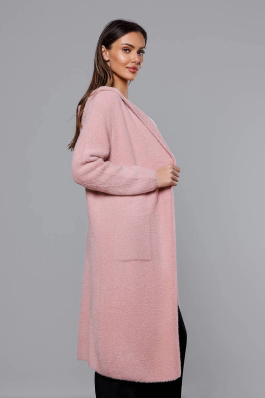 Długa wełniana narzutka alpaka z kapturem blady róż (M105-1)