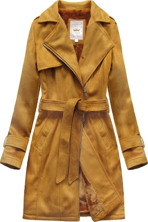 ZAMSZOWY DAMSKI PŁASZCZ ZIMOWY Z PASKIEM MUSZTARDOWY (6515)