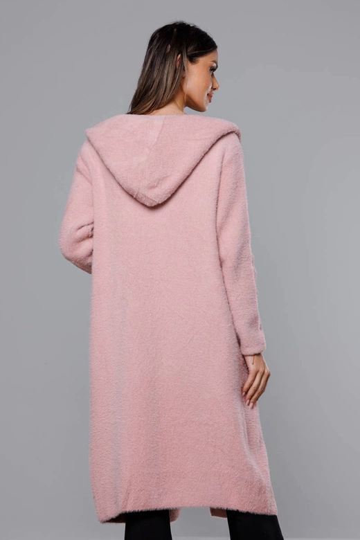 Długa wełniana narzutka alpaka z kapturem blady róż (M105-1)